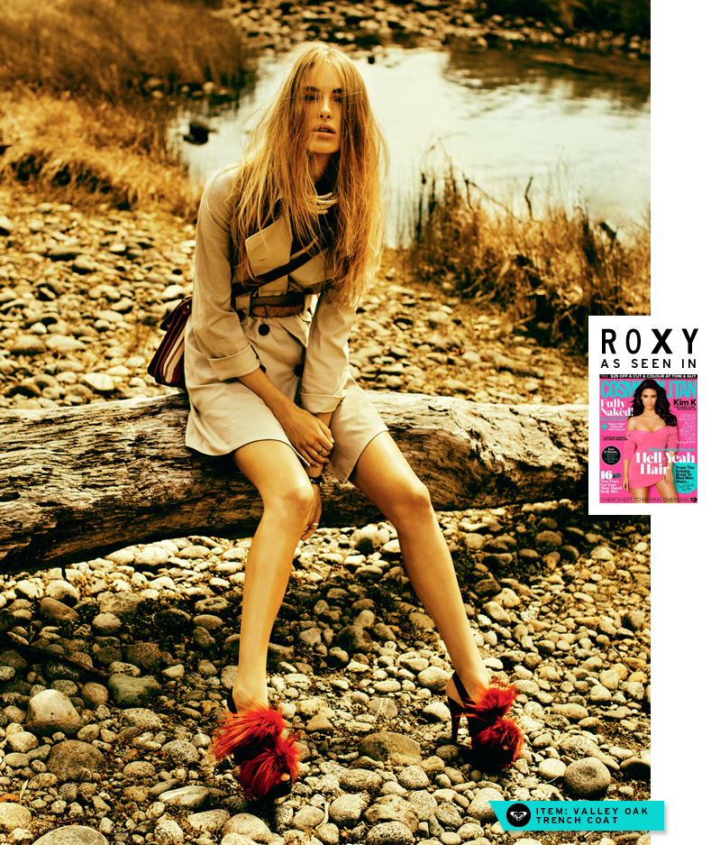 model wearing roxy valley oak trench coat in cosmopolitan magazine